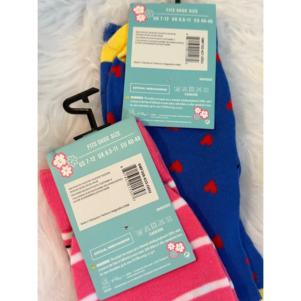 The Smurfs Smurfette Crew Socks 2 Pair Set Pink Blue Hearts Scooter NWT One Size